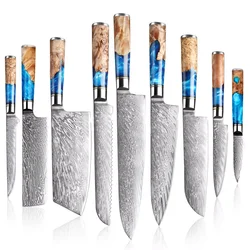 Damascus Steel 1-9Piece Pro Chef Knife Set Sharp Kitchen Knife VG10 Steel Core Cooking Knife Chef Santoku Bread Paring Knife