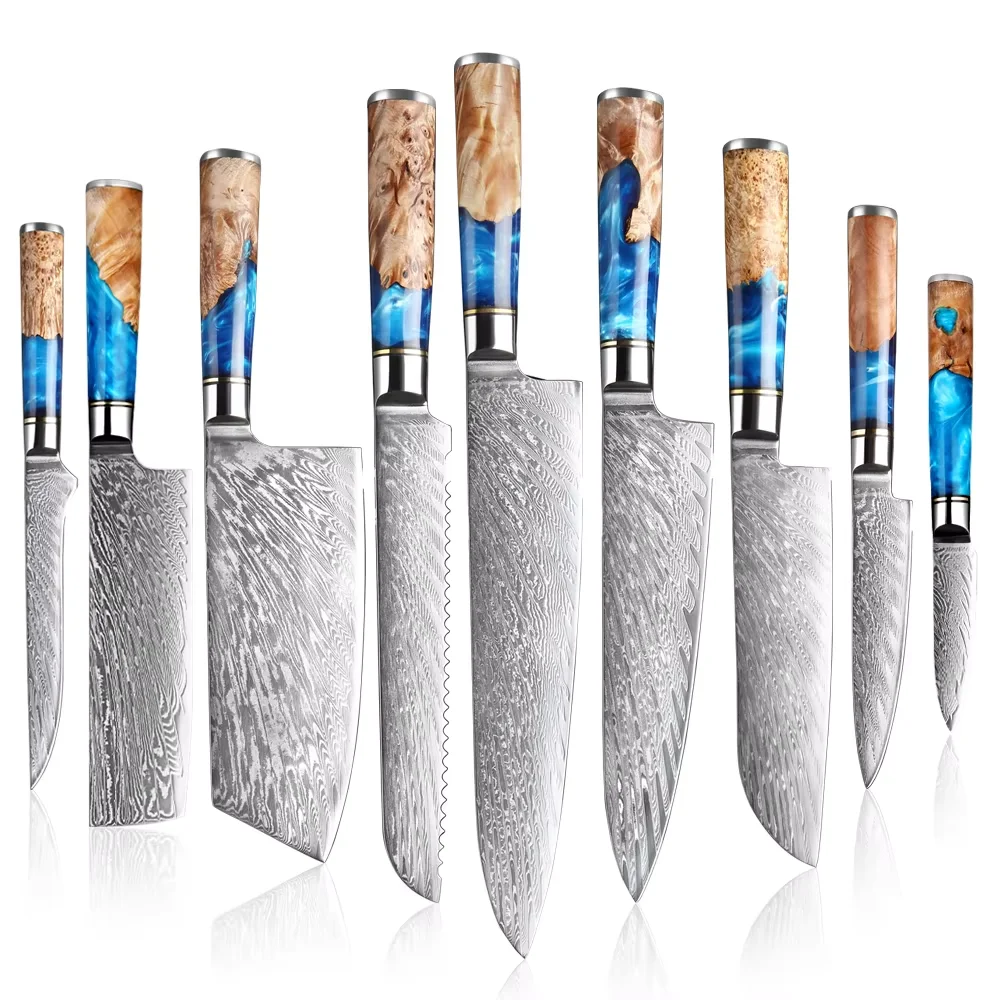 Damascus Steel 1-9Piece Pro Chef Knife Set Sharp Kitchen Knife VG10 Steel Core Cooking Knife Chef Santoku Bread Paring Knife