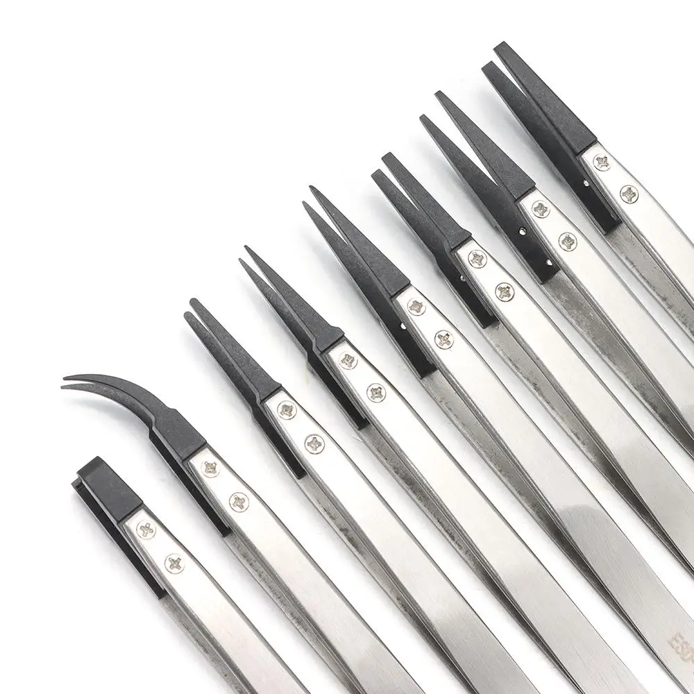 Full Conductive Hand Tool Parts Stainless Steel ESD Tweezers Replaceable Tips Carbon Fiber