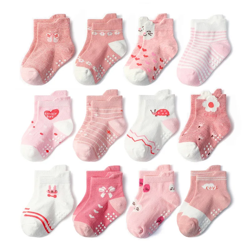 6/12 Pairs Girls Non-Slip Socks Cute Cartoon Flower Heart Stripe Pattern Floor Socks for Kids Baby Toddler All Season