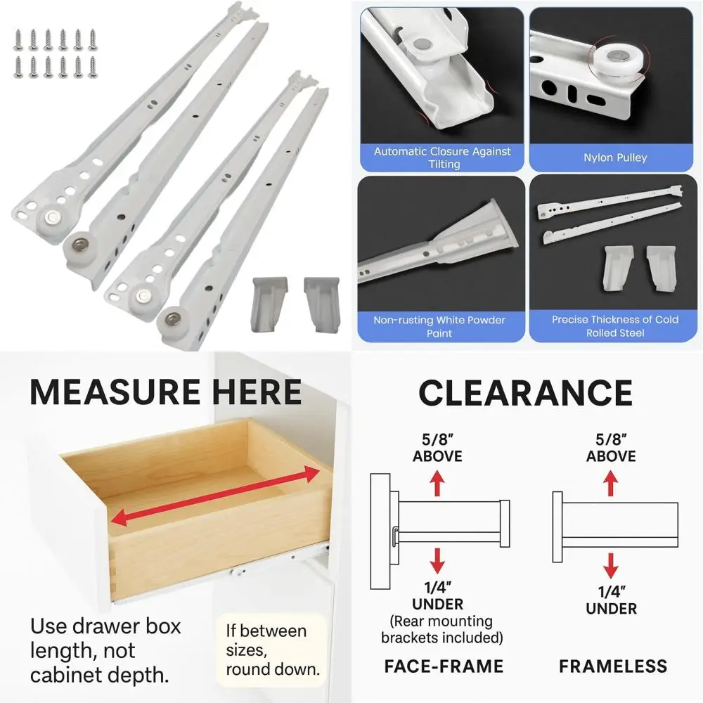 

Лицевая рама и безрамные направляющие шкафа, 22-дюймовый европейский стиль, 8 шт., грузоподъемность 75 фунтов, холоднокатаная сталь, с порошковым покрытием, долговечная