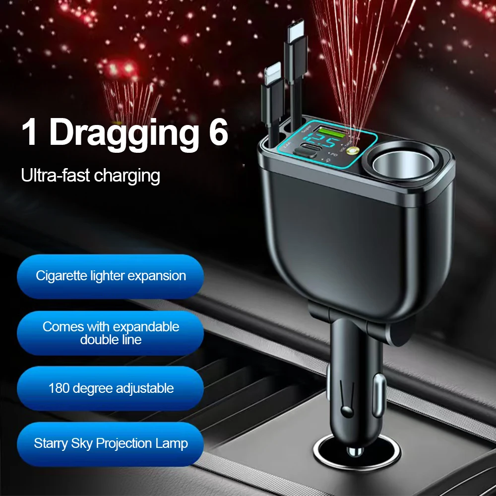 5in1 120W Autoladegerät Adapter Schnellladegerät USB Typ C Kabel mit einziehbaren Kabeln und Sternenlicht Multi-Auto-Zigarettenanzünder