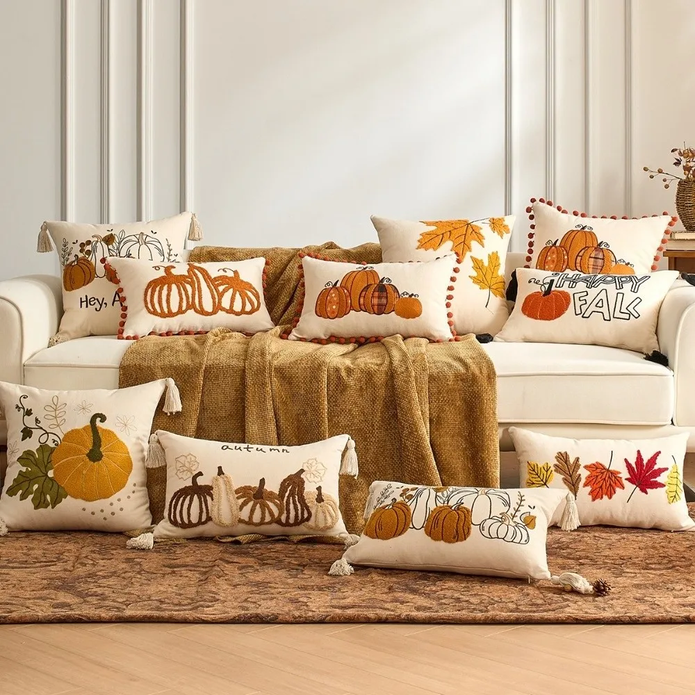 New Pumpkin Tufted Throw Pillow Cover Rustic Style Soft Cushion Cover Square Maple Leaves Pillow Covers Fall Decor
