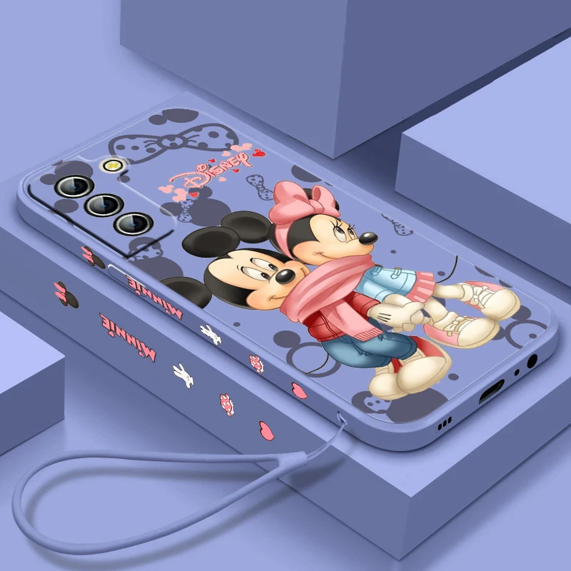 Mickey Minnie Pink Phone Case For Samsung Galaxy S23 S22 S21 S20 S10 Ultra Plus Pro FE Liquid Left Rope Candy Cover Coque Capa