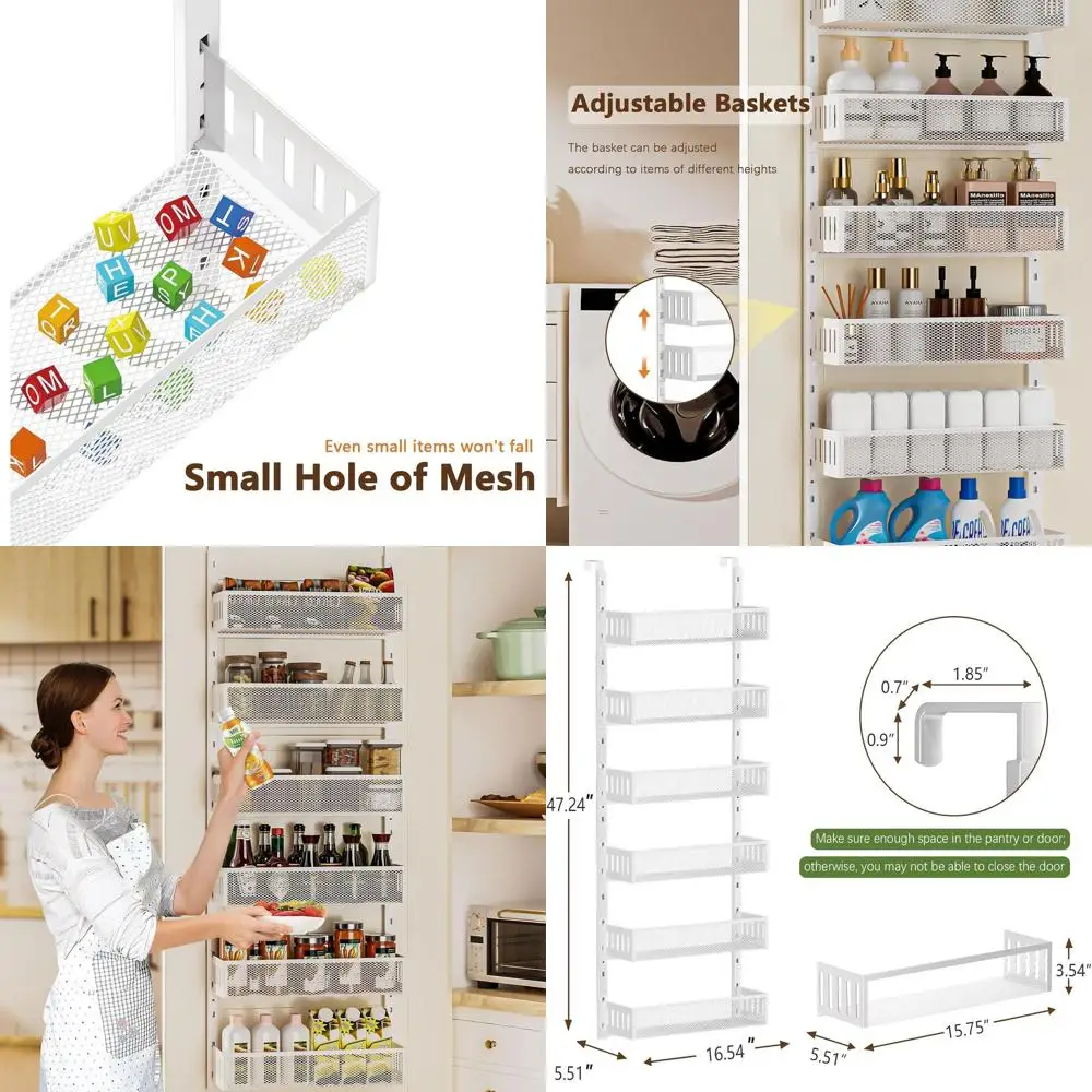 

6-Tier Door Hanging Pantry Organizer with Mesh Baskets for Kitchen, Bathroom, and Bedroom Storage (16W, White)