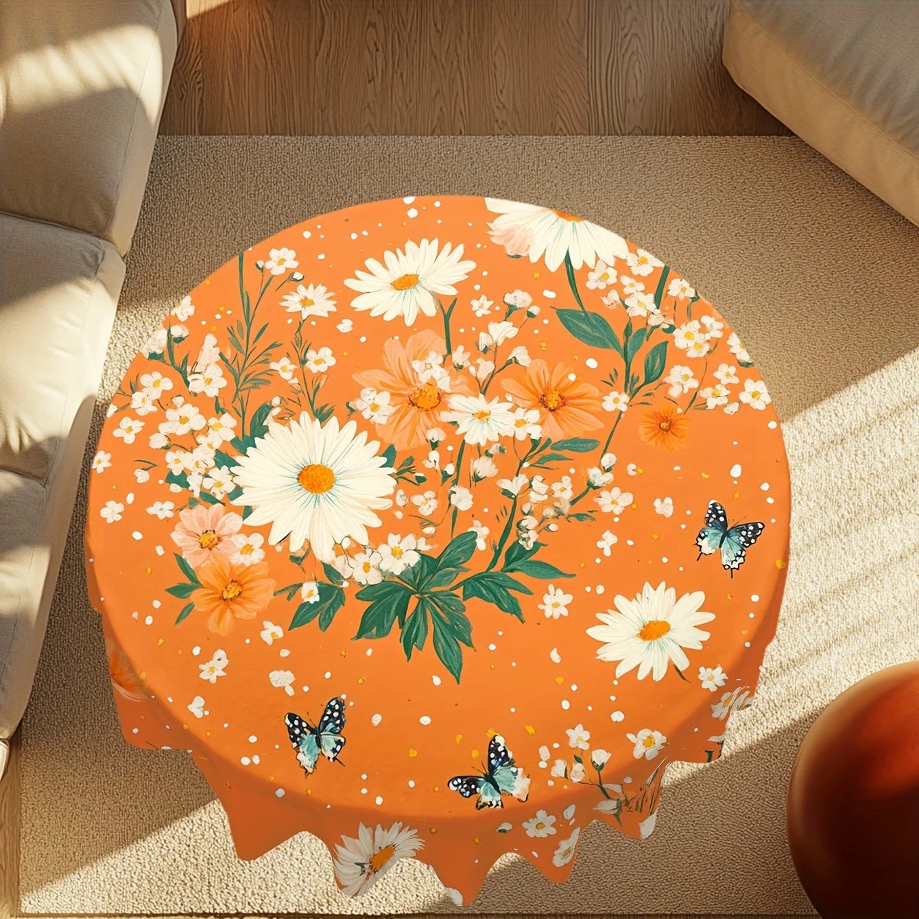 Elegant Daisy Butterfly Round Tablecloth with Multicolor Daisies Butterflies 60-Inch Round Table Cover Lightweight Machine