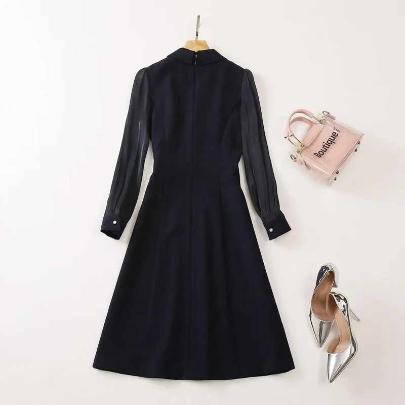 Vestidos de trabajo OL de manga larga elegantes de alta calidad para mujer vestido plisado de retazos de princesa Kate azul marino