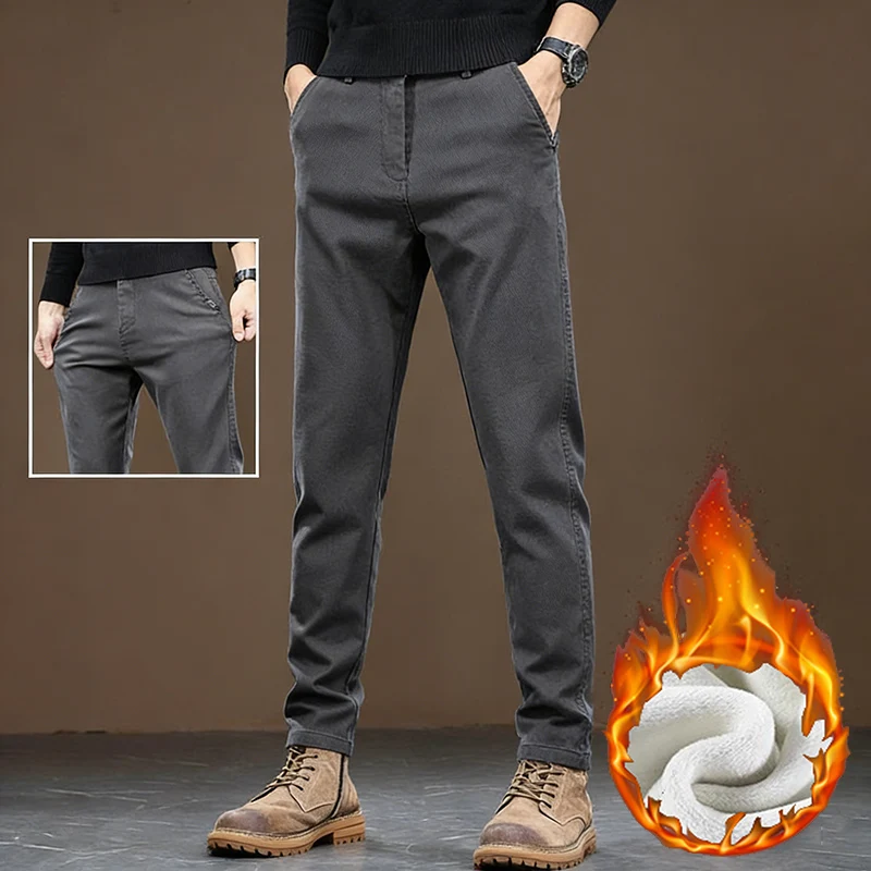 

Men Autumn Winter New Thermal Stretch Pants Male Snow Warm Plush Fleece Slim Fit Straight Leg Pants Business Causal Trousers