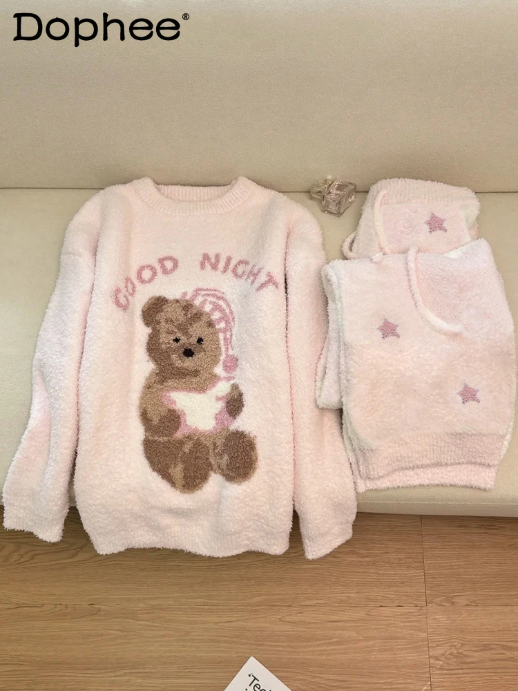 

2025 New Pink Bear Cartoon Thin Velvet Pajamas for Women, Autumn and Winter Thickened Coral Fleece Warm Homewear