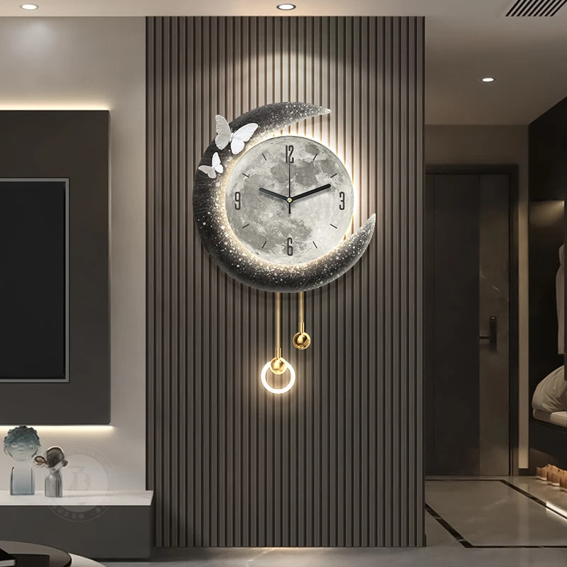 

Настенные часы с фазой луны и светодиодной подсветкой, современный декор для ТВ-фона, роскошная гостиная, художественная решетка, настенное искусство