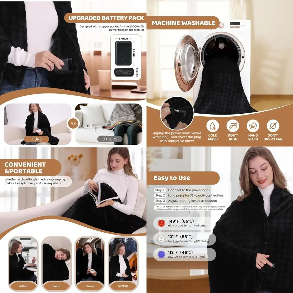 

Portable 20000mAh Rechargeable Heated Blanket, 59x35.5 Electric Throw with 3 Heating Levels, Black