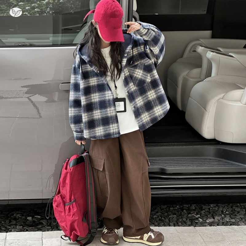 

Girls' Plaid Composite Hooded Shirt Jacket, Big Kids' Outdoor Casual Top, New Shirt Jacket for Autumn and Winter 2025