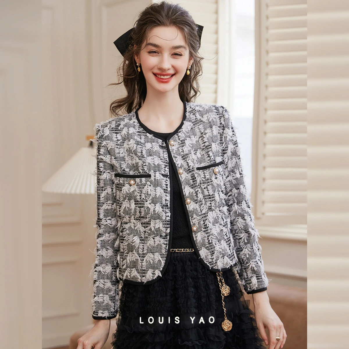 

LOUIS YAO French Style Wheat Ear Weaving Craft Cardigan 2026 Spring Round Neck Commute Jackets All-Trimmed Design Women's Coat