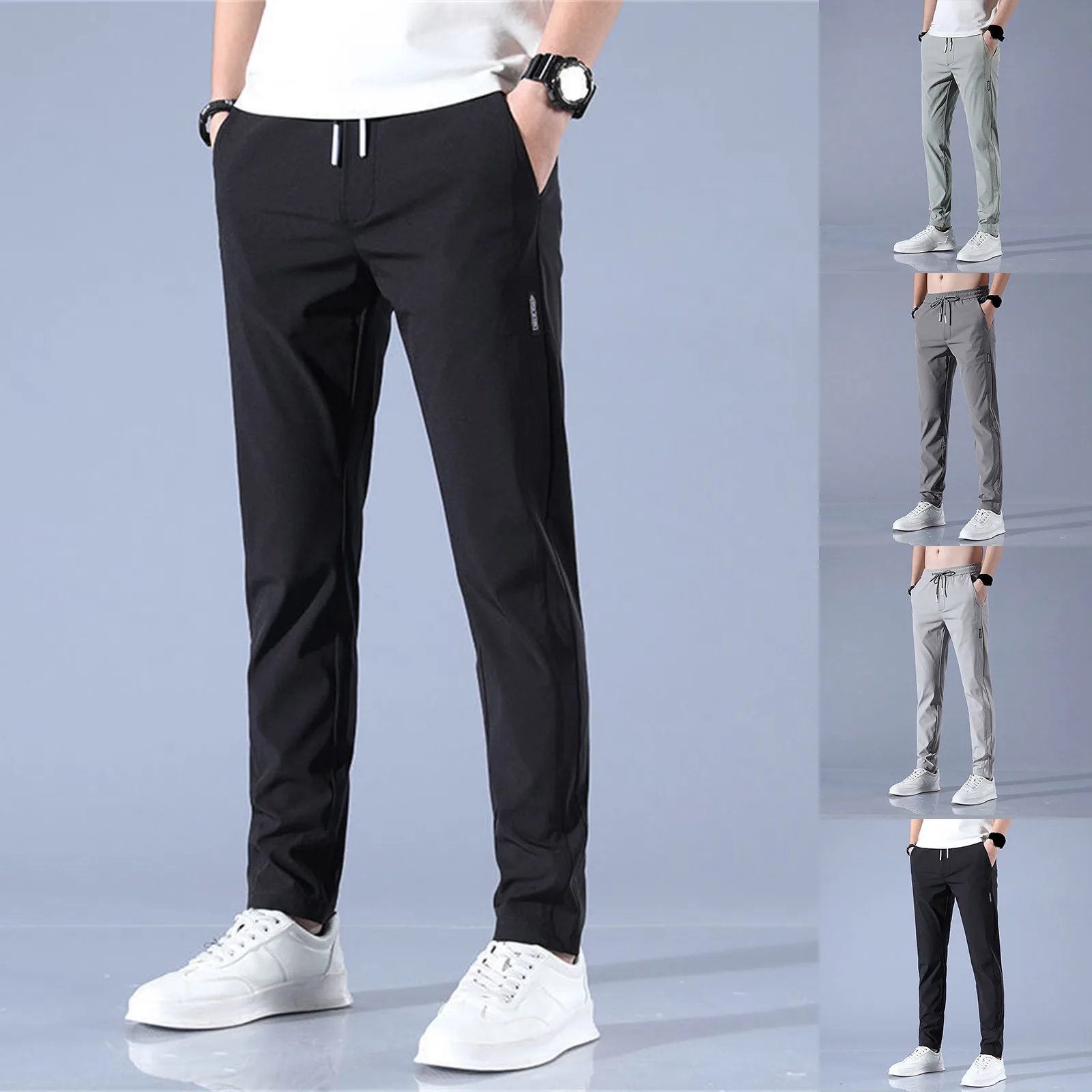 Ice Silk Men\'s Pants 2024 Summer New Black Gray Thin Business Casual Pants Outdoor Elastic Breathable Straight Leg Sweatpants