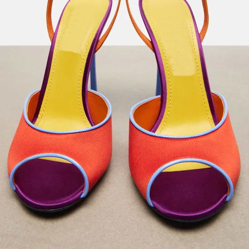 Satin Mixed Colors Peep Toe Sandals Sexy Round Toe Thin Heel Back Straps Customized New Arrivals Fashion Women Modern Shoes - view 3