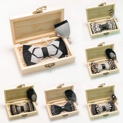 Pajarita de boda para hombre, pajarita de plumas hecha a mano, broche de pajarita preatado en blanco y negro, conjunto con caja de madera para regalo de cumpleaños y fiesta