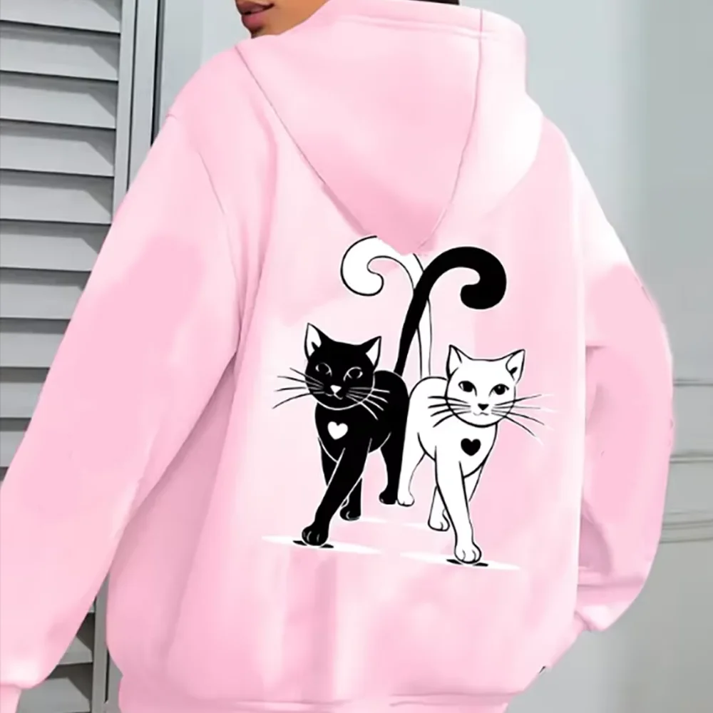 

Уютная женская розовая толстовка на молнии с капюшоном, черный кот с принтом сердца и лапы, ребристые манжеты и карманы, осенняя повседневная куртка