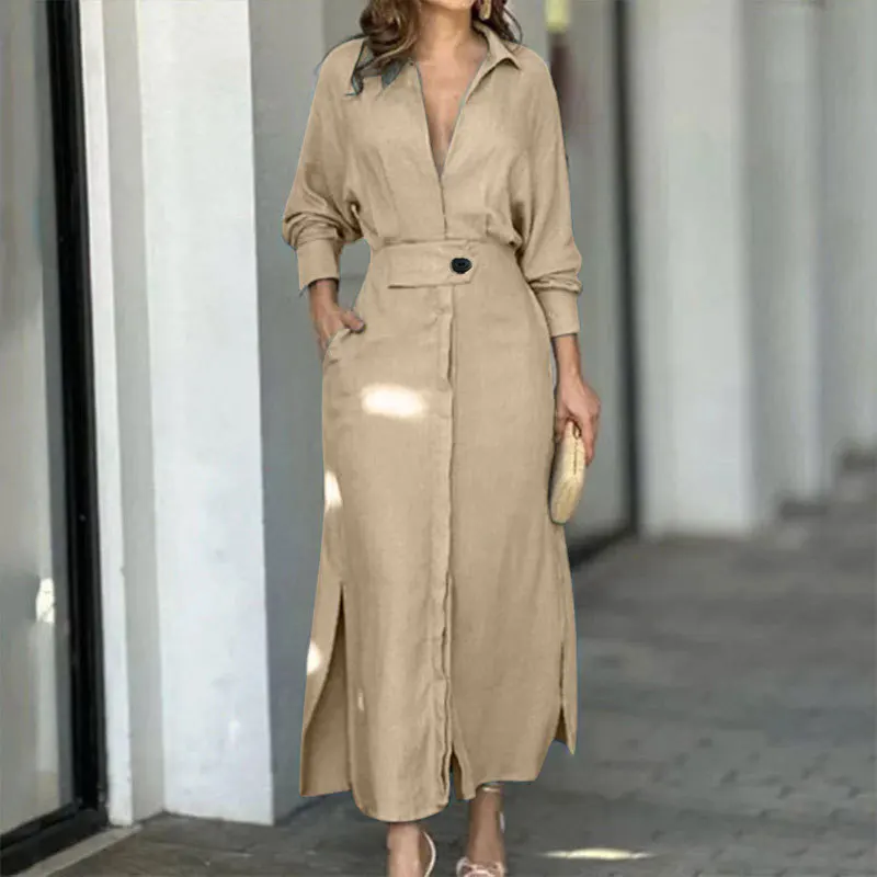 Fashion Solid Long Sleeve Dress Women Elegant Lapel Single Breasted Side Split Long Dresses 2024 Autumn Office Lady New Dresses