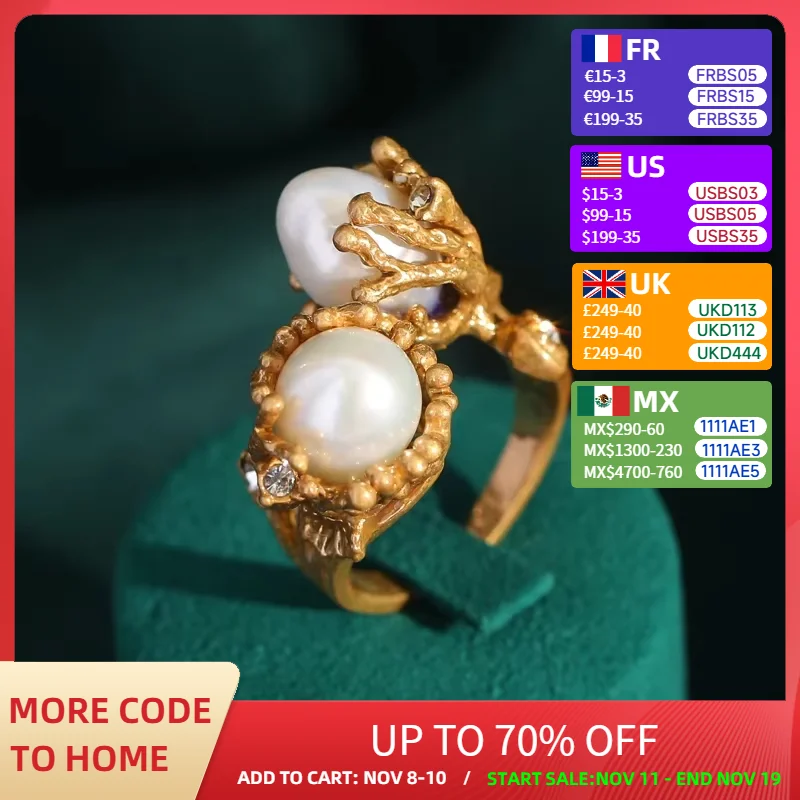 

Retro Naturalist 18K Gold-Plated Pearl & Rhinestone Adjustable Cocktail Ring for Women - Luxury Evening Wedding Gift