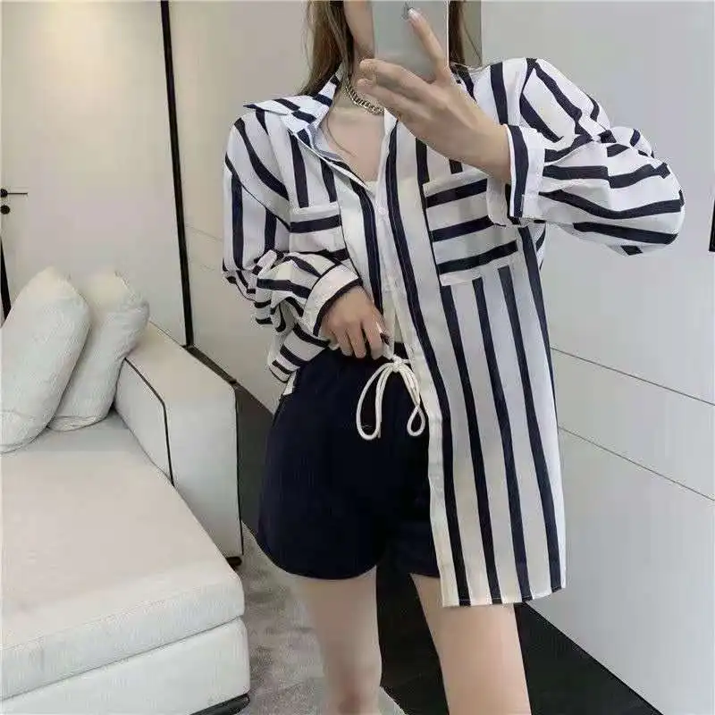 Summer Woman Clothes Ins Chic Youth Lively Korean Fashion Style Sunscreen Shirt Striped Preppy Style Turn-down Collar Casual