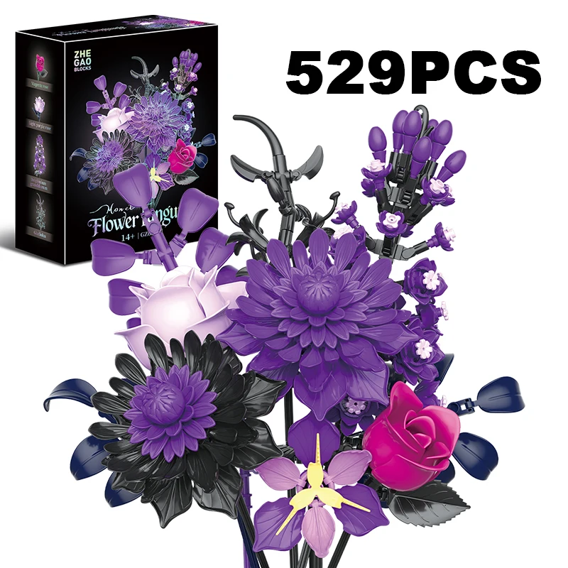

Набор ботанических строительных блоков BuildMOC с фиолетовой розой, готический декор, искусственный букет цветов розы, модель игрушки, подарки на день Святого Валентина