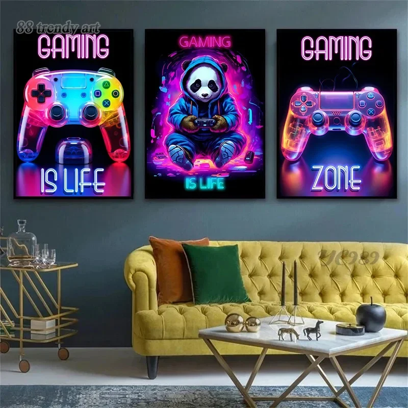 Gamer Cat Panda No Sleep Only Gaming Canvas Painting Gaming Zone Poster Print Neon Gaming Mural Home Boy Room Decor Wall Art