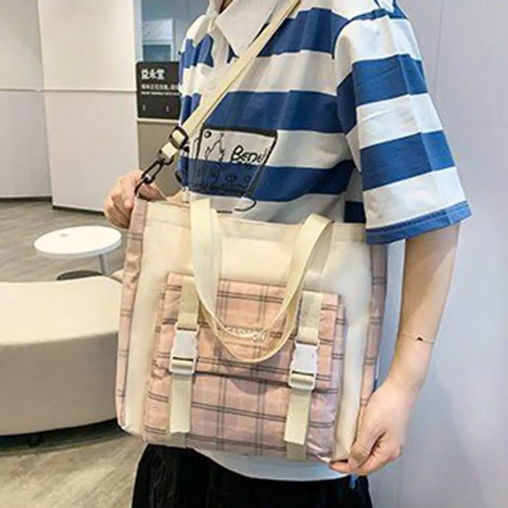 5Pcs/Set Large Capacity Cute Plaid Backpack Korean Style Adjustable Straps Cartoon Shoulder Bag Durable Commute