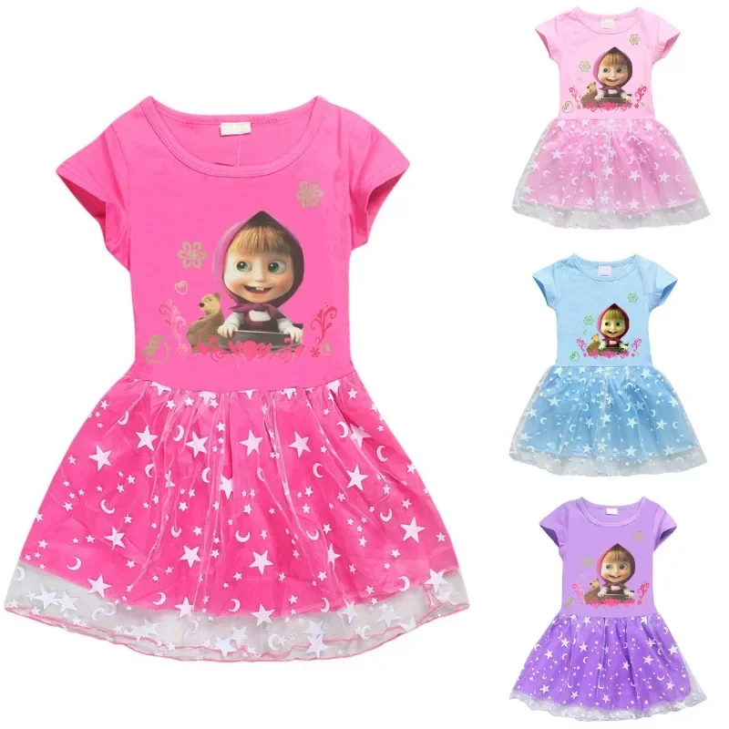 فستان ماشاس والدب للفتيات والأطفال أزياء تنكرية صيفية فساتين قطنية كرتونية لطيفة للأطفال ملابس كاواي هدايا