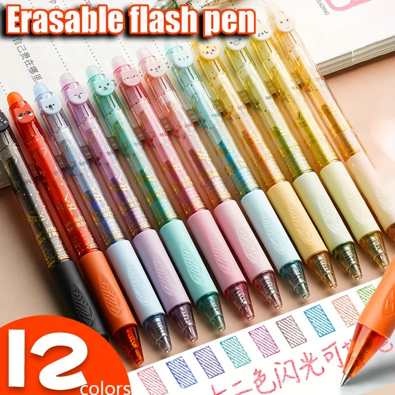 12 Colors Glitter Thermo-Erasable Gel Pens Retractable Push-Type Quick-Dry Smooth Writing 0.5mm Black & Assorted Ink A3242