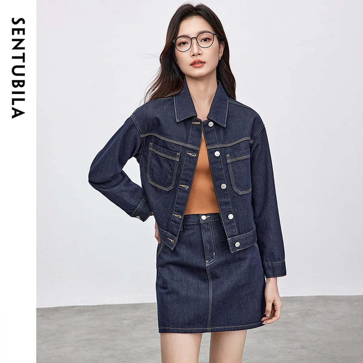SENTUBILA Set Denim 2 Potong Pakaian Wanita Musim Gugur 2025 Jaket Denim Campuran Katun & Rok Mini A-Line Set Wanita untuk Kerja W51Z80135