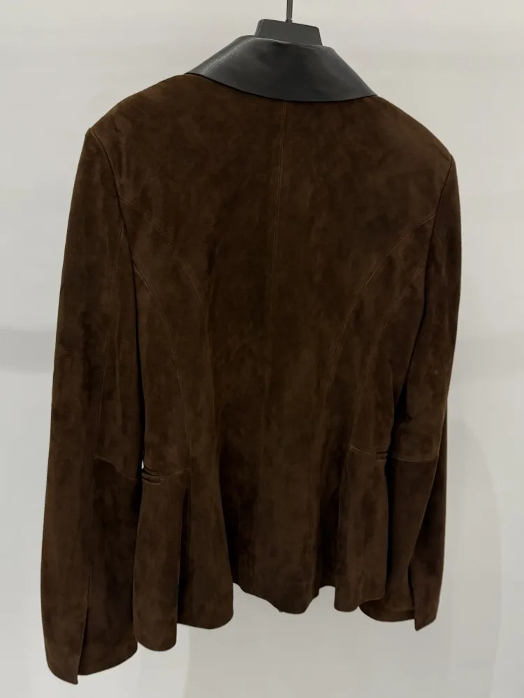 Capispalla in vera pelle confortevole da donna stile retrò con cerniera risvolto tinta unita maniche lunghe capispalla sottile in pelle scamosciata di pecora