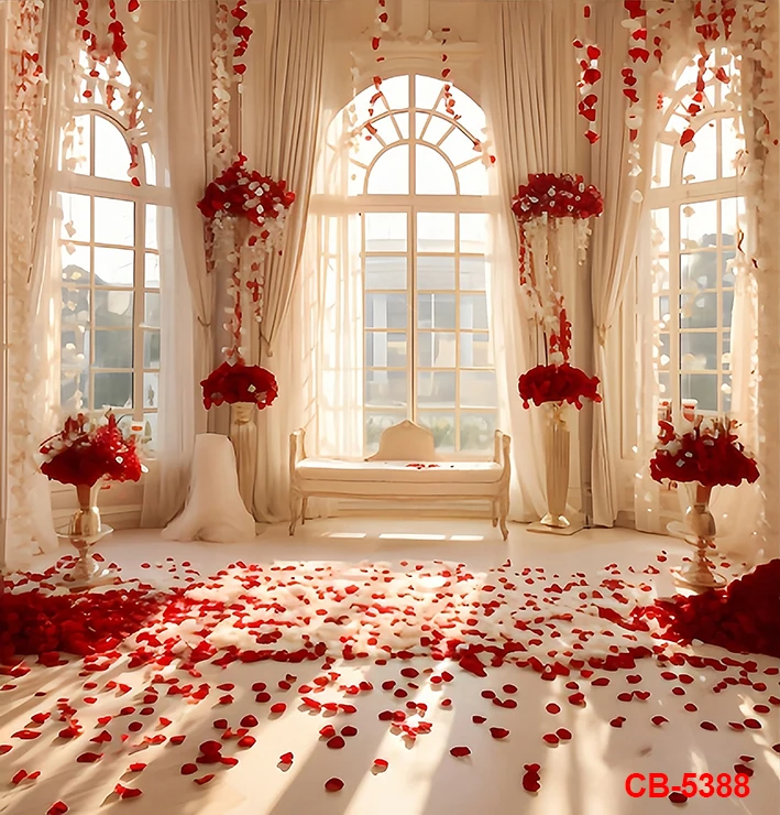 Valentine's Day Backdrop Red Rose Arch Palace Window Curtain Photo Background Vintage Romantic Couple Backdrop Anniversary Party
