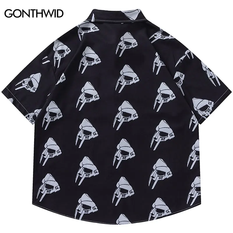 Summer Black Shirts Y2K Streetwear Cartoon Mask Graphic Print Button Up Blouse Hip Hop Harajuku Loose Short Sleeve Beach Shirt