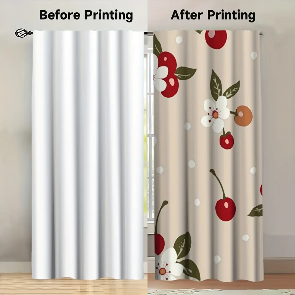 2pcs Cherry Polka Dot Curtains Red Fruit Leaf Print Drape Kitchen Dining Room Window Treatment Cute Home Decor Panels