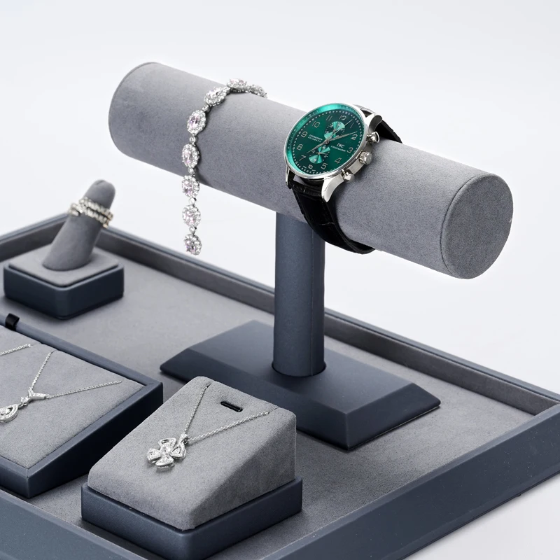 WoodTen Jewelry Stand Display For Business Grey Leather Earring Jewelry Display Stand Necklace Bracelet Watch Jewelry Holder