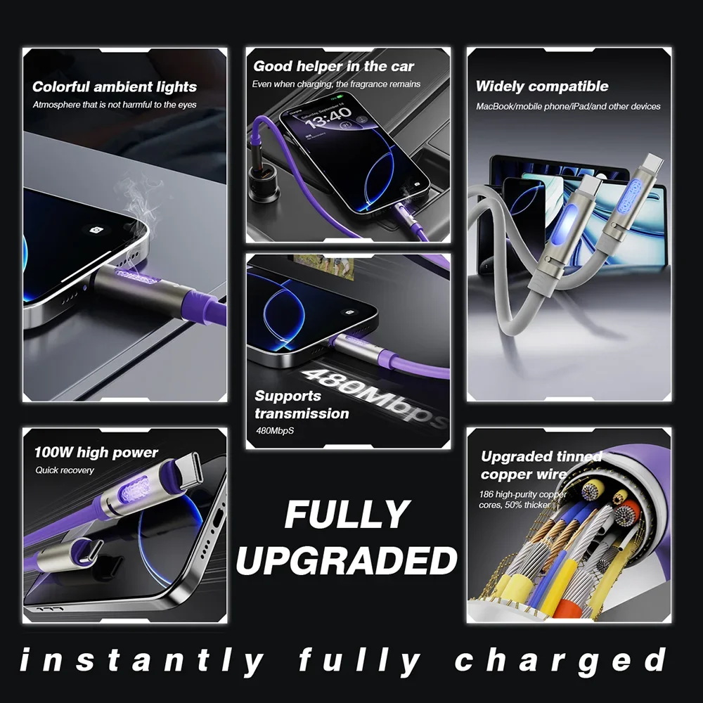 PD 100W Type C Fast Charging Transmission Charger Cord Aromatherapy Car Data Cable For Iphone16 15 Xiaomi Samsung