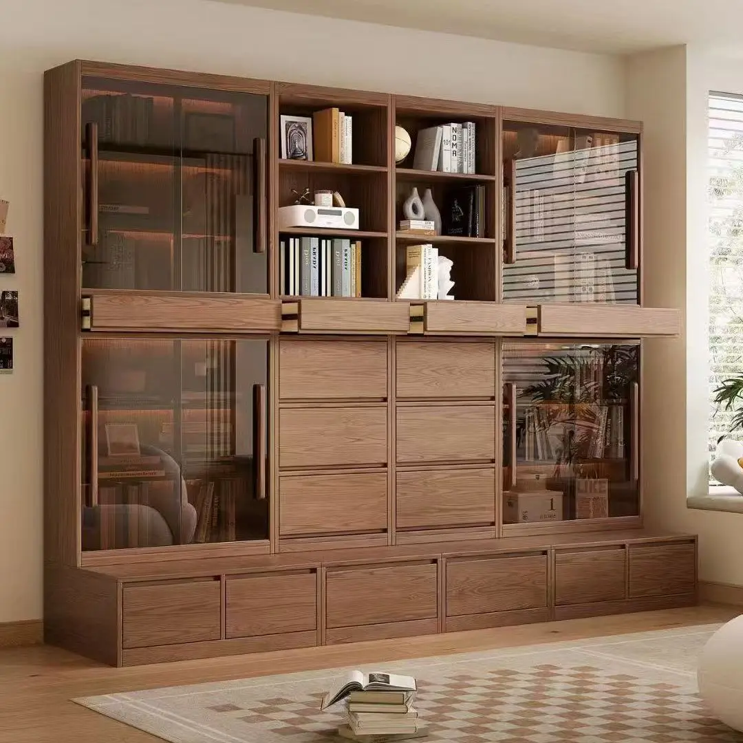 Solid wood combination bookcase full wall card seat integrated whole wall living room ash wood bookshelf storage cabinet large c