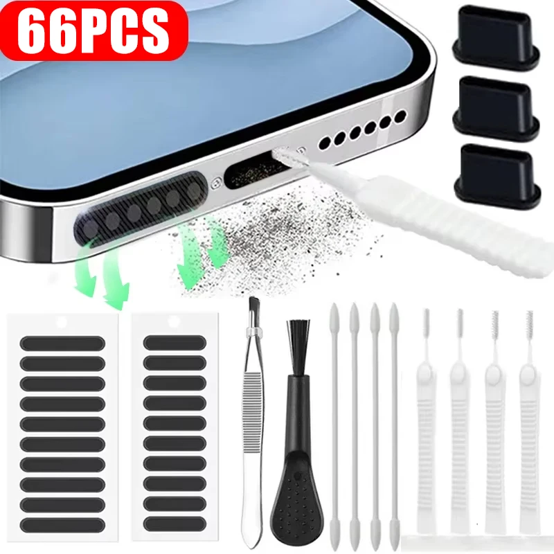 66PCS Mobile Phone Speaker Charging Port Cleaning Set Dust Plug for iPhone 16 15 14 Earphones Clean Kit Brush for Samsung Xiaomi