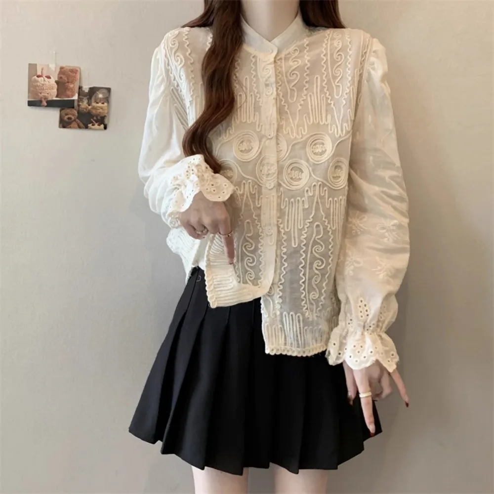 Vintage doux lourd décontracté à manches longues femmes chemise broderie printemps nouveau tout-match Blusas chemises littéraires exquises