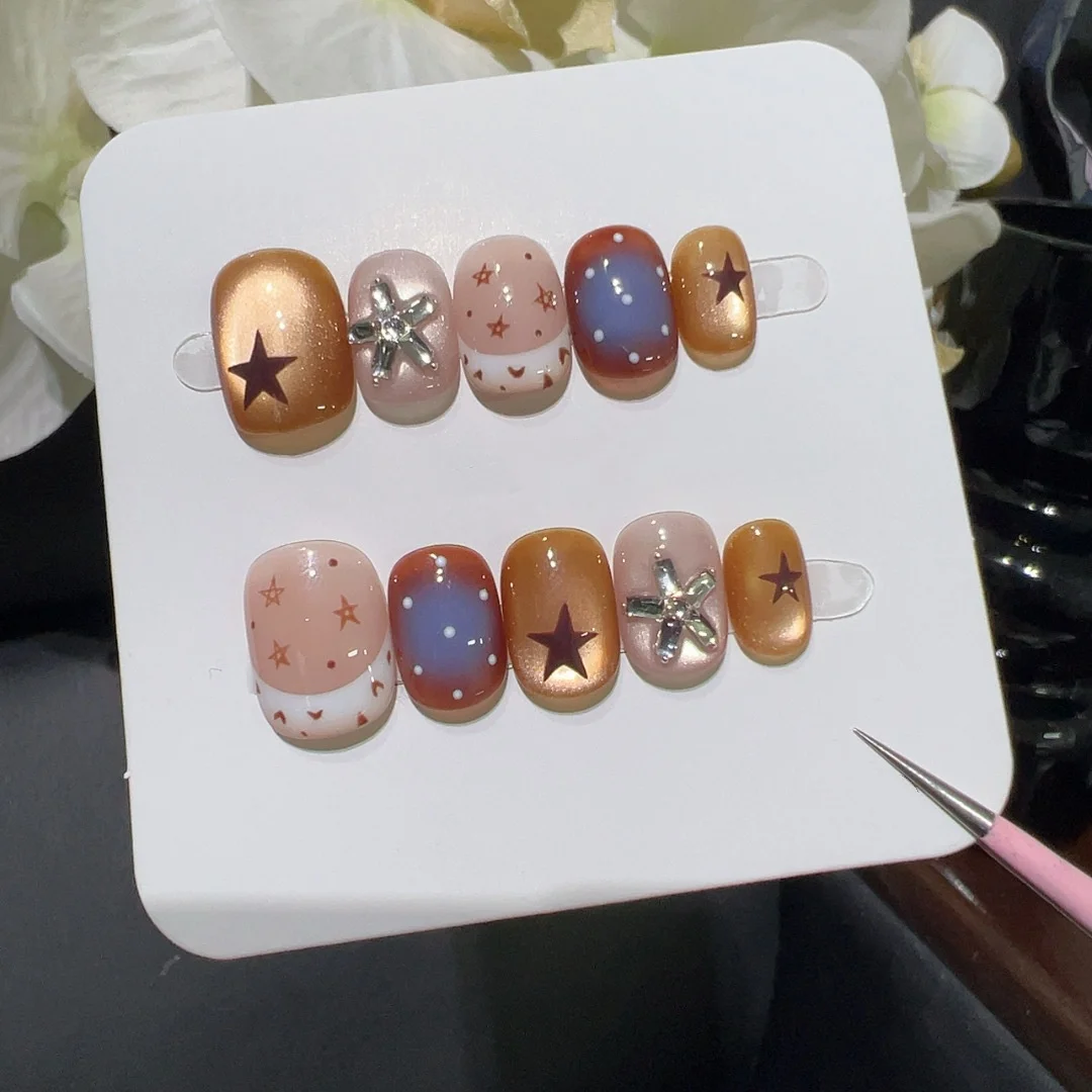 

10Pcs Short Square Handmade Fake Nails Press on French Cat's Eye Dot Full Cover Nails Tips Star Rhinestone Reusable False Nails