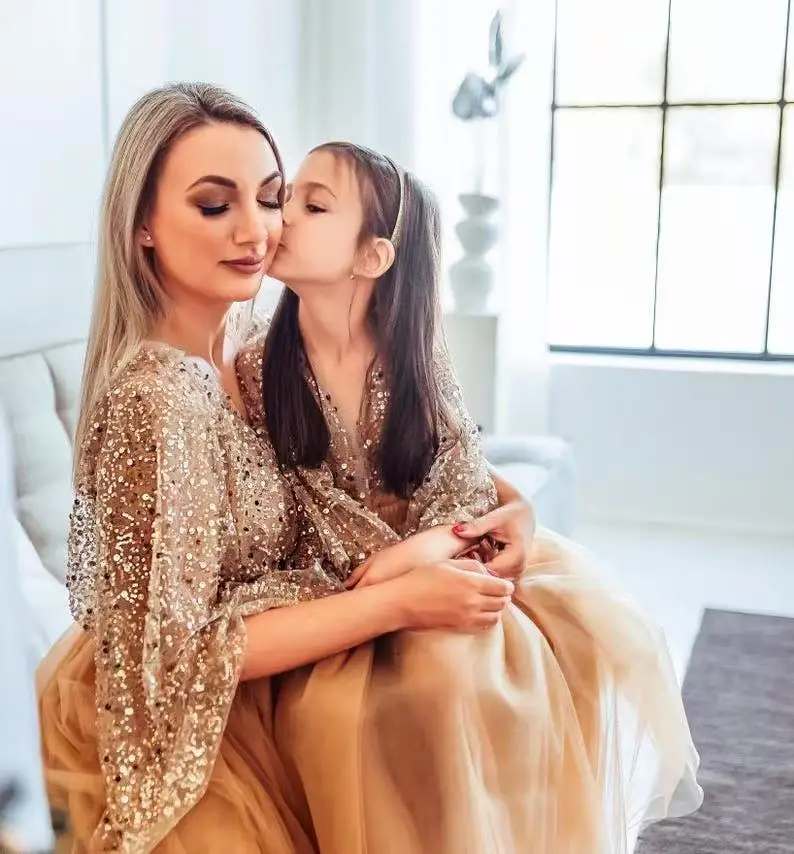 Customized Boho Dresses for Mother and Daughter Soft Shiny Natural Sequins Birthday Party A-line Tulle Flower Girl Vintage Dress