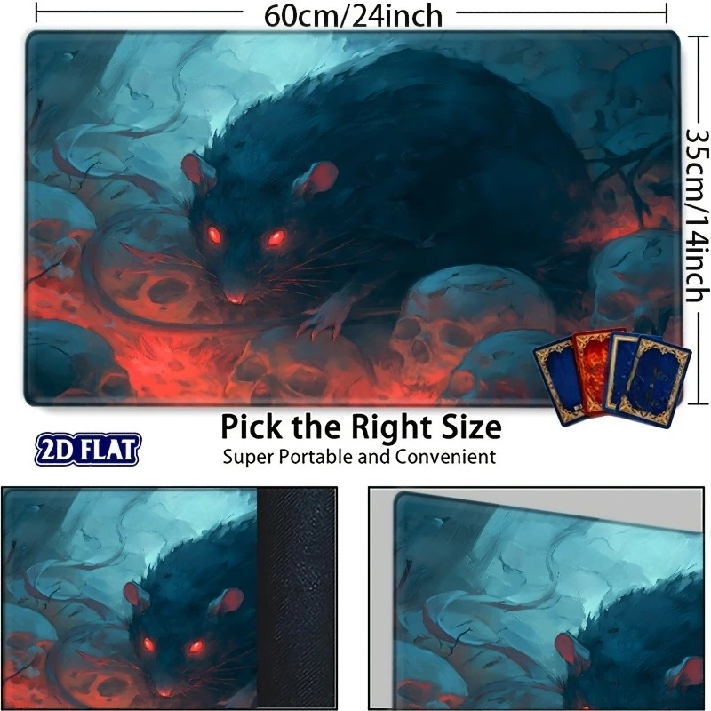 Two-dimensional plane dark fantasy giant fluffy black mouse with red eyes human skull collectible card game table mat