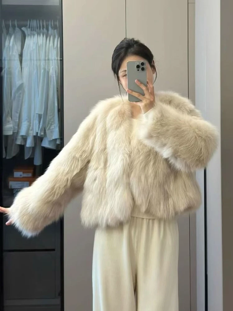معطف نسائي أنيق من الفرو الصناعي النحيف بياقة على شكل V وأكمام طويلة سترة شتوية دافئة كورية أنيقة للسيدات أنيقة من الثعلب الصناعي ملابس خارجية جديدة #4