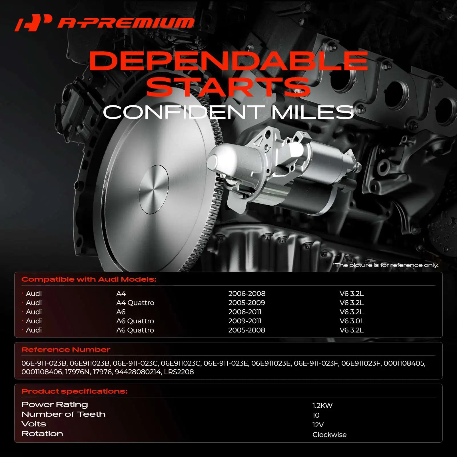 A-Premium Starter Motor for Audi A4 2006-2008 A4 Quattro 2005-2009 A6 2006-2011 A6 Quattro 2005-2011