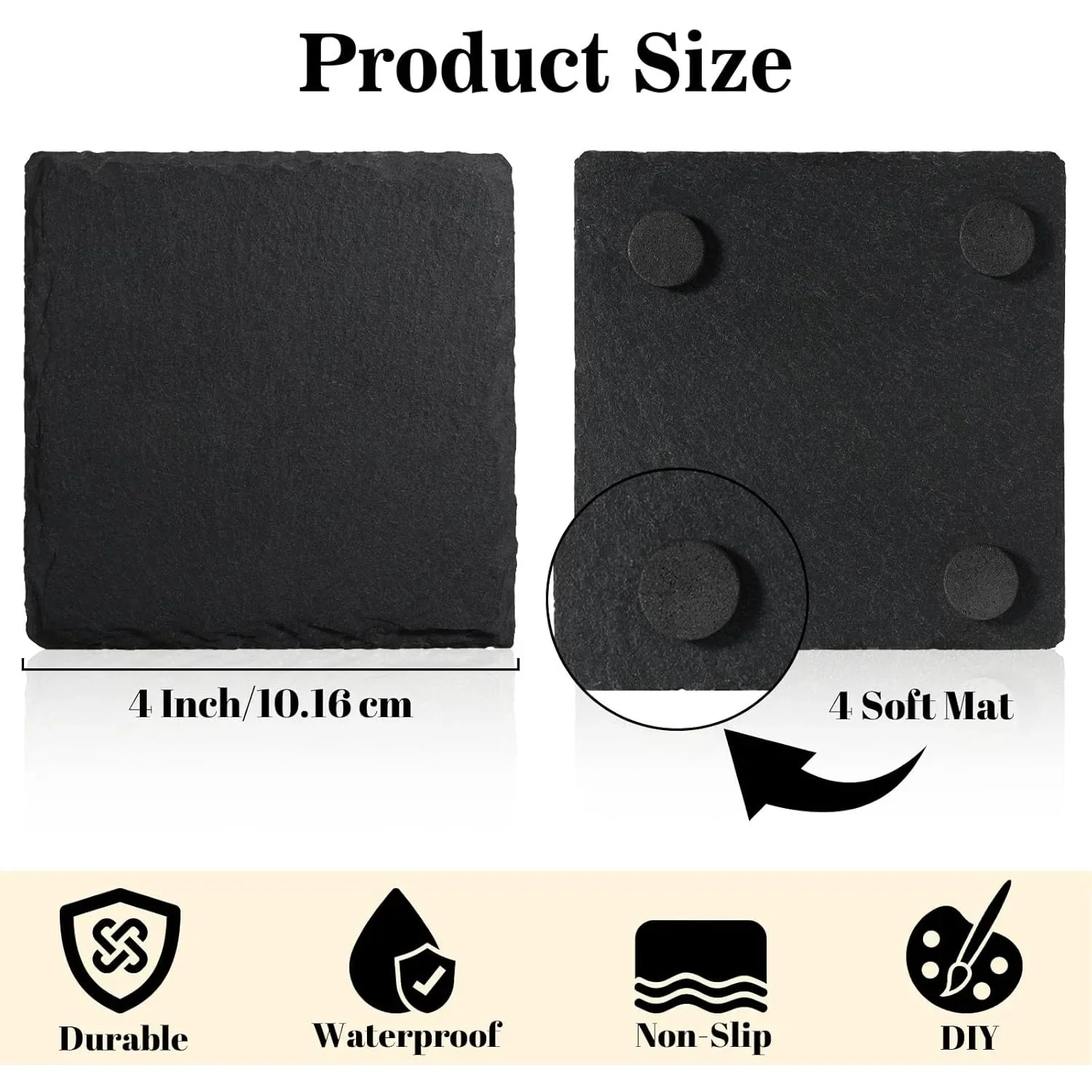 8pcs Slate Coasters Bulk - 4 Inch Square, Round, and Hexagon Handmade Black Stone Blanks for Laser Engraving and Home Decor