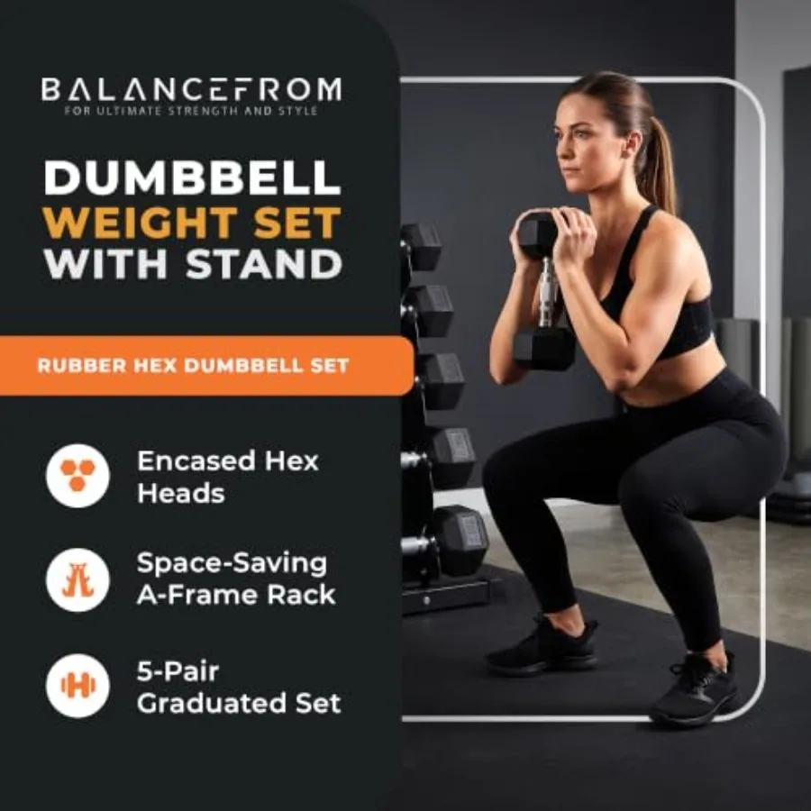 Rubber Coated Hex Dumbbell Set with A-Frame Rack for home gym use, black rubber coating, durable and non-slip grip