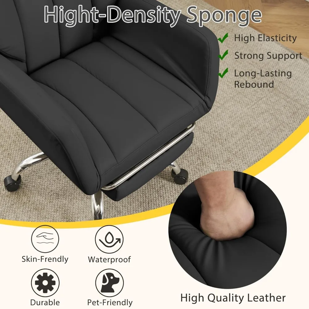 Silla de oficina ergonómica con patas cruzadas para grandes y altas con reposapiés, asiento ejecutivo de cuero, reposabrazos reversibles, soporte lumbar