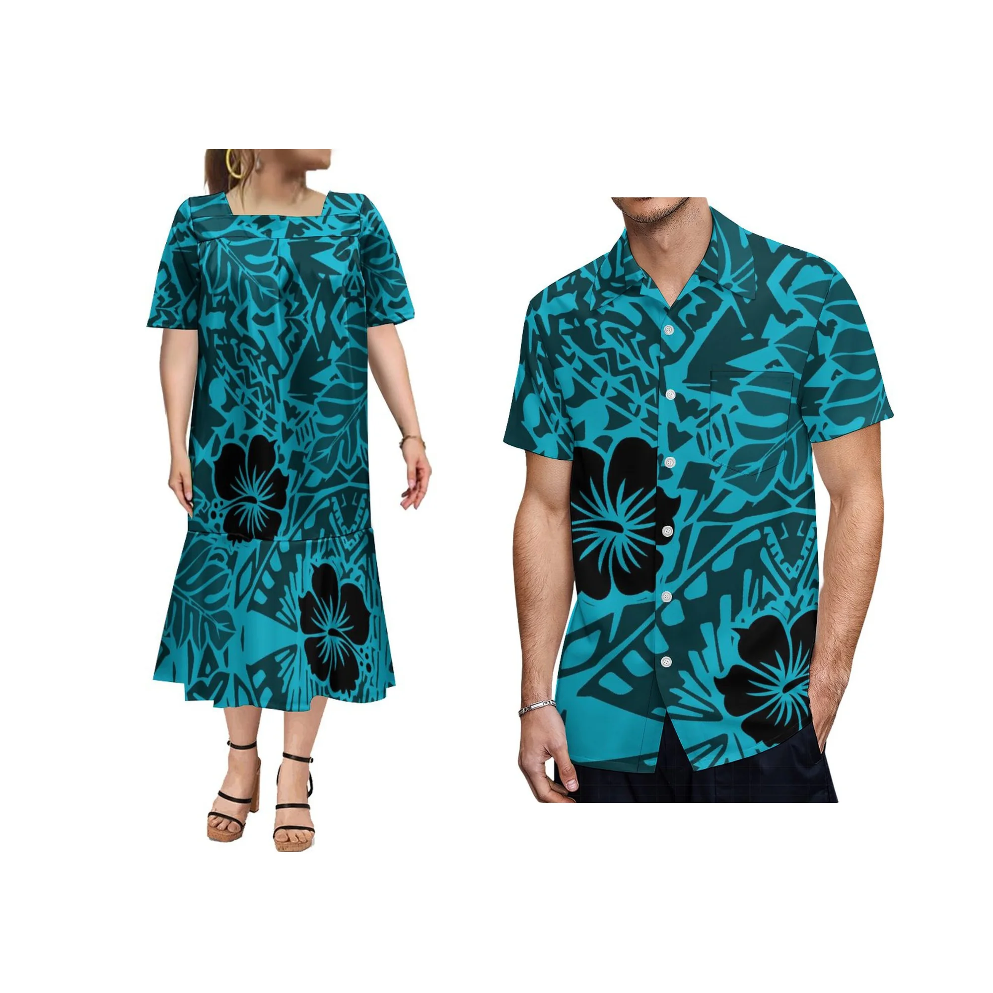 

Polynesian Couple Dress Custom Vintage Art Patterned Floral Print Microsian Mumu Women'S Dress Men'S Shirt