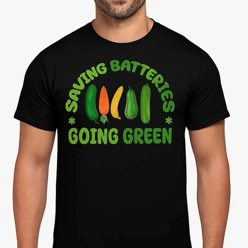 

Funny Vegan T Shirt for Men Women Unisex Saving Batteries Going Green Cotton Tee Plant Based Diet Humor Gift Graphic Casual Top