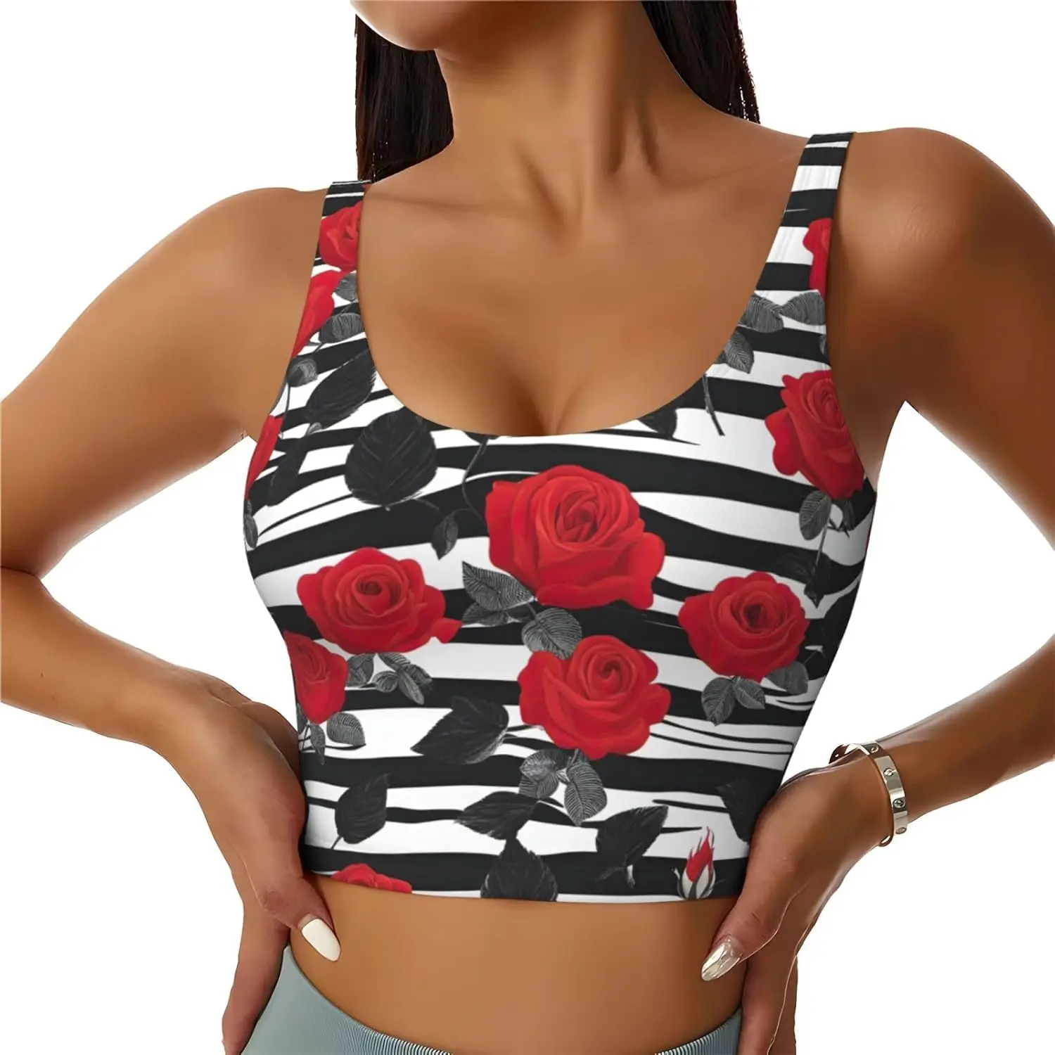 

Black White Stripes Red Rose Flowers Print Women's Workout Tank Tops Racerback Sleeveless Sports Vest for Gym Athletic Yoga